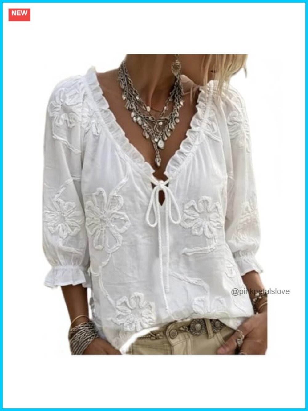 Women's Boho Blouse Tie Front Eyelet Embroidered Short Sleeve Summer Top